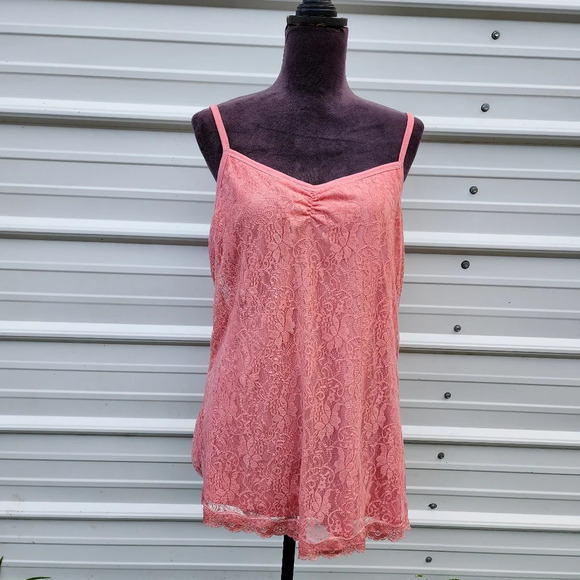NWT Maurices Womens Cami Tank Top Coral Pink Lined Lace Stretch Boho Plus 1 1X - Picture 1 of 11